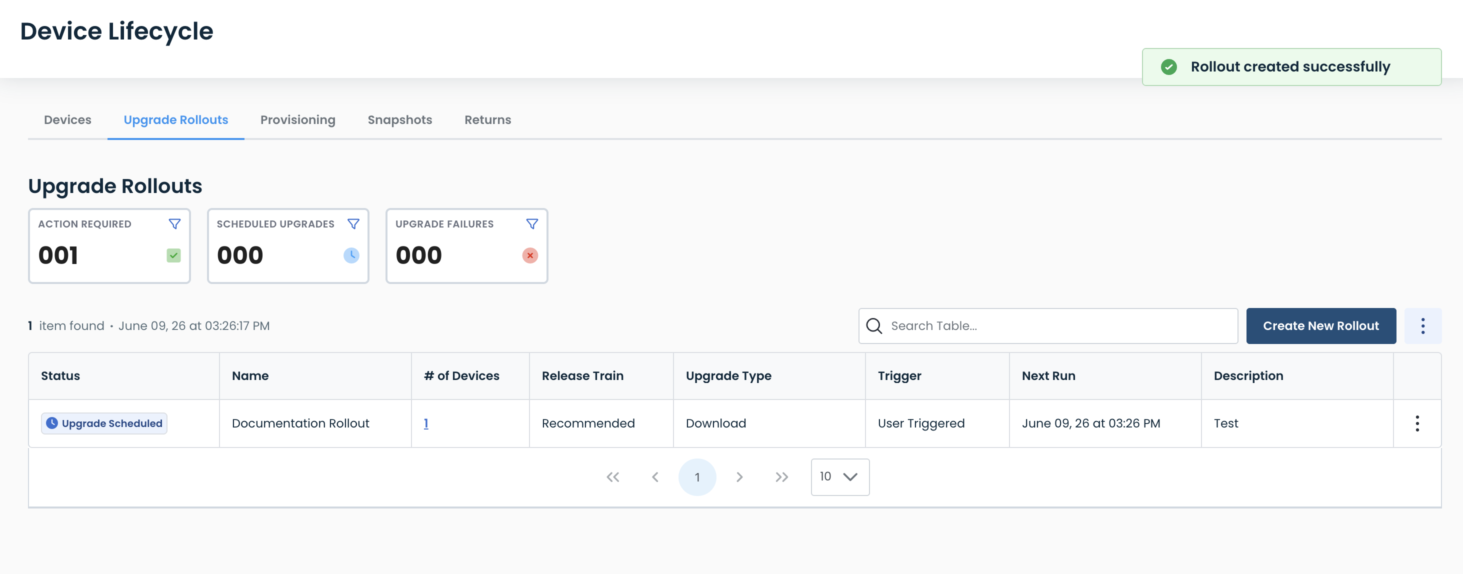 Overview of upgrade rollouts showing action required and scheduled upgrades status.